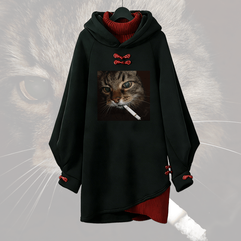 Smoking Cat Graphic Modakawa Buckle Vintage Kapuzenpullover Kleid - Red - 3XL - image 1