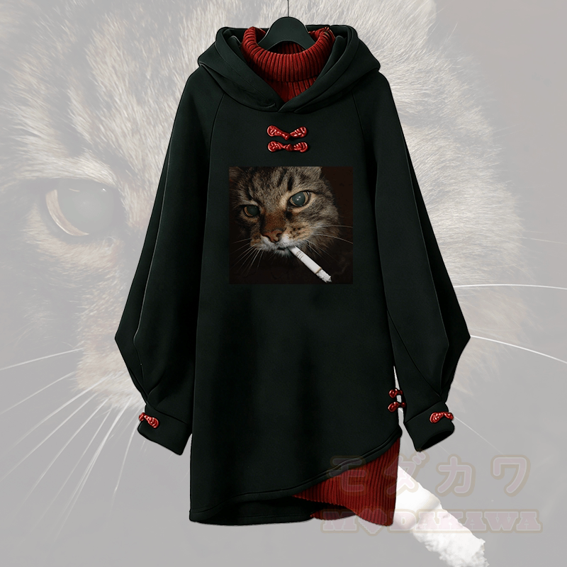 Smoking Cat Graphic Modakawa Buckle Vintage Kapuzenpullover Kleid - Rot - 3XL - image 1