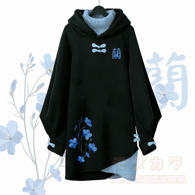 Orchideen-Buchstaben-Grafik Modakawa Schnalle Vintage Kapuzenpullover Kleid - Blau - 3XL - image 2