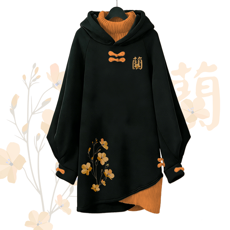 Orchideen-Buchstaben-Grafik Modakawa Schnalle Vintage Kapuzenpullover Kleid - Orange - 3XL - image 2