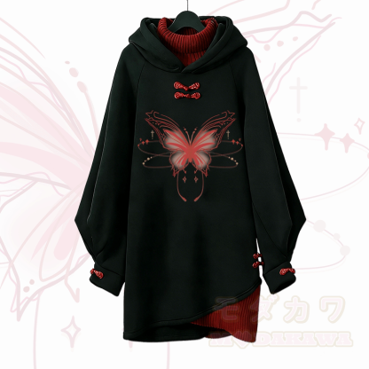 Vintage Kapuzenpullover-Kleid mit leuchtendem Schmetterlingsmotiv und Modakawa-Schnalle - Rot - 3XL - image 1