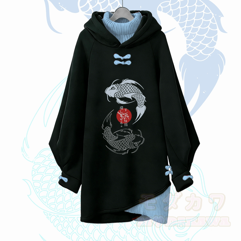 Koi-Grafik Modakawa Schnalle Vintage Kapuzenpullover Kleid - Blau - 3XL - image 2