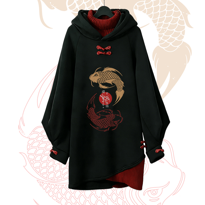 Koi-Grafik Modakawa Schnalle Vintage Kapuzenpullover Kleid - Red - 3XL - image 1