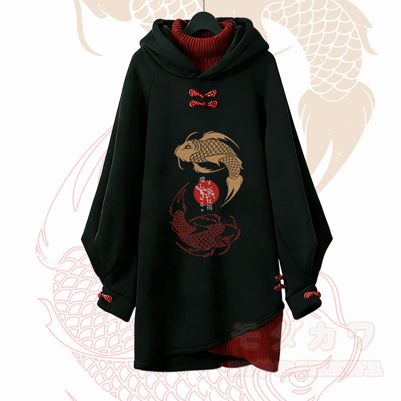 Koi-Grafik Modakawa Schnalle Vintage Kapuzenpullover Kleid - Rot - 3XL - image 1