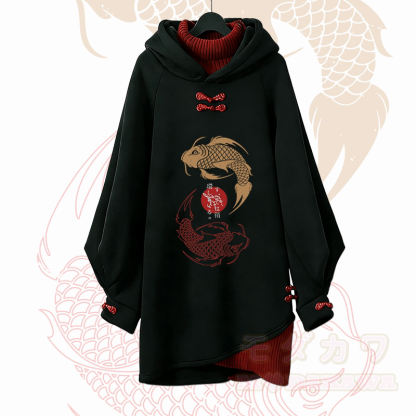 Koi-Grafik Modakawa Schnalle Vintage Kapuzenpullover Kleid - Rot - 3XL - image 1