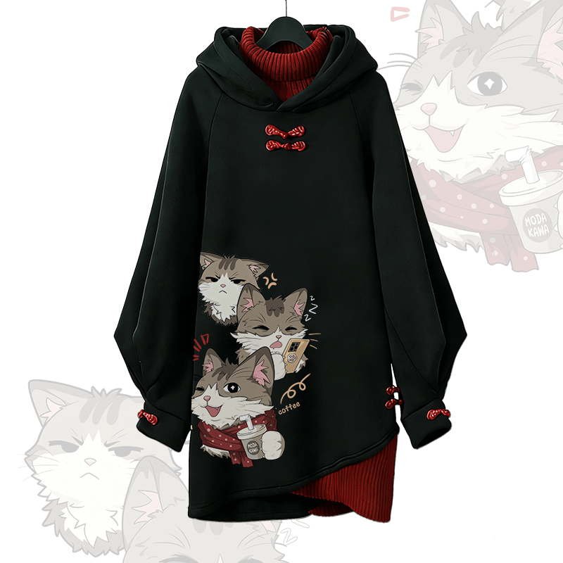 Verspieltes Katzenmotiv Modakawa Schnalle Vintage Kapuzenpullover Kleid - Red - 3XL - image 1