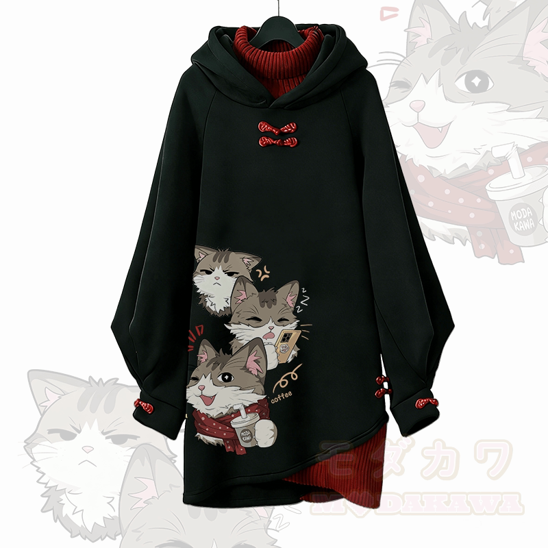 Verspieltes Katzenmotiv Modakawa Schnalle Vintage Kapuzenpullover Kleid - Rot - 3XL - image 1