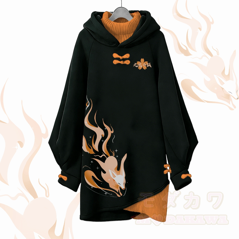 Vintage Kapuzenpullover-Kleid mit Motiv eines neunschwänzigen Fuchses und Modakawa-Schnalle - Orange - 3XL - image 2