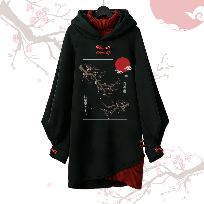 Vintage Kapuzenpullover-Kleid mit Pflaumenblüten-Grafik, Modakawa-Schnalle - Red - 3XL - image 1