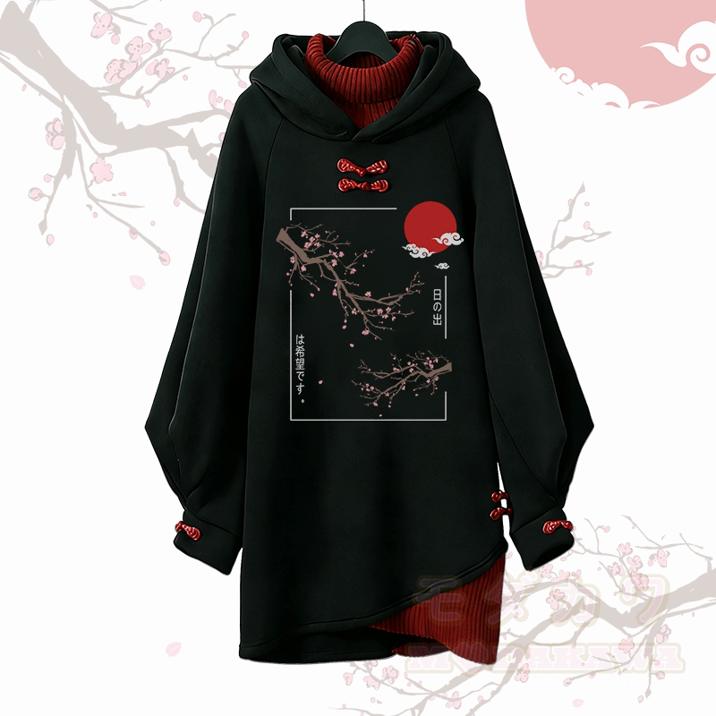 Vintage Kapuzenpullover-Kleid mit Pflaumenblüten-Grafik, Modakawa-Schnalle - Rot - 3XL - image 1