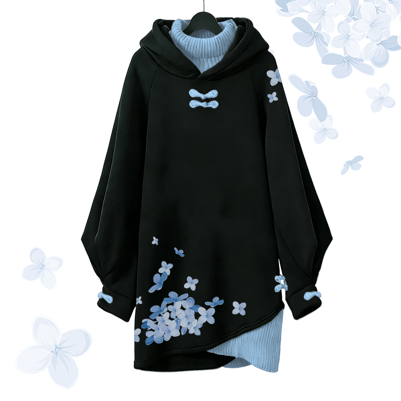 Vintage Kapuzenpullover-Kleid mit Kirschblüten-Grafik, Modakawa-Schnalle - Blue - 3XL - image 1