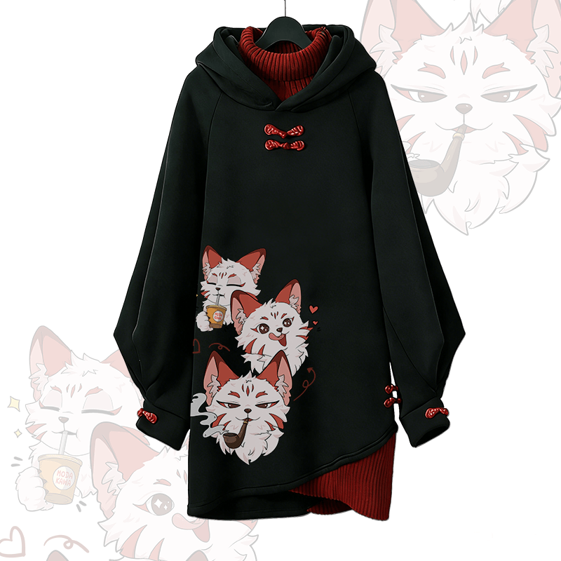 Smoking Red Fox Graphic Modakawa Buckle Vintage Hooded Sweatshirt Dress - Red - 3XL - image 1