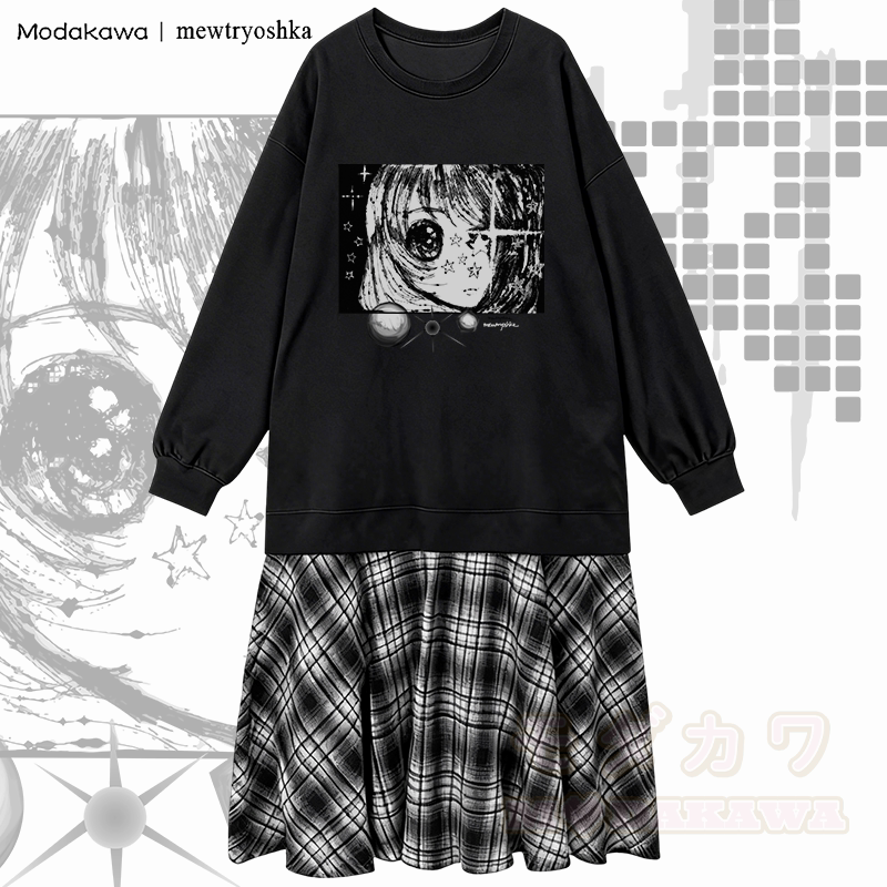 MODAKAWA X mewtryoshka Sternenaugen-Mädchen-Sweatshirtkleid mit Karomuster - Schwarz - 2XL - image 1