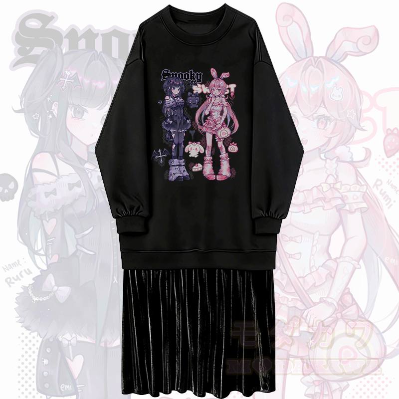 MODAKAWA X emiroll Ruru und Rumi Grafik Fleecegefüttertes Sweatshirtkleid - Schwarz - 2XL - image 1