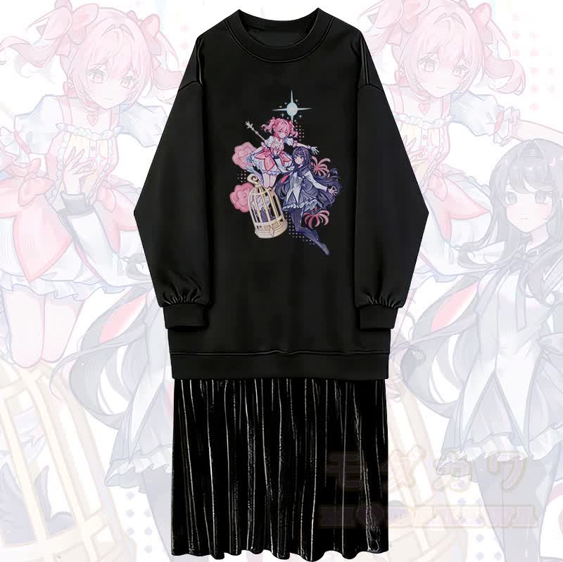 MODAKAWA X emiroll Madoka und Homura Grafik Fleecegefüttertes Sweatshirtkleid - Schwarz - 2XL - image 1