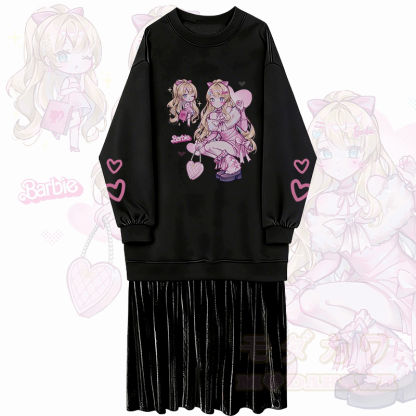 MODAKAWA X emiroll Barbie Grafik Fleecegefüttertes Sweatshirtkleid - Schwarz - 2XL - image 1