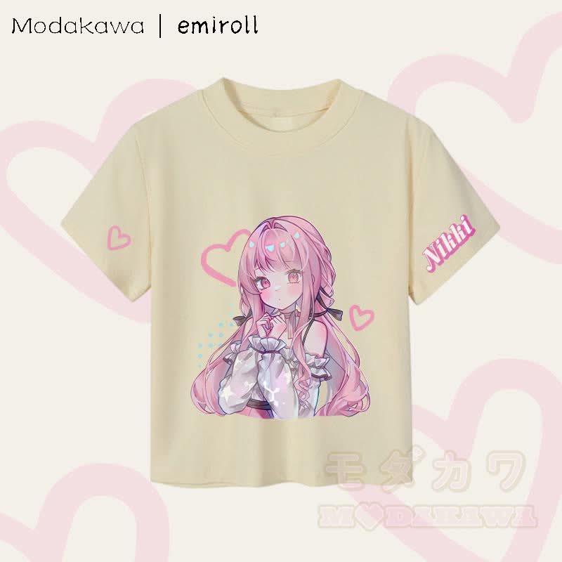 MODAKAWA X emiroll Nikki Heart Graphic Damen Cropped T-Shirt, 92 % gekämmte Baumwolle - Aprikose - XL - image 3