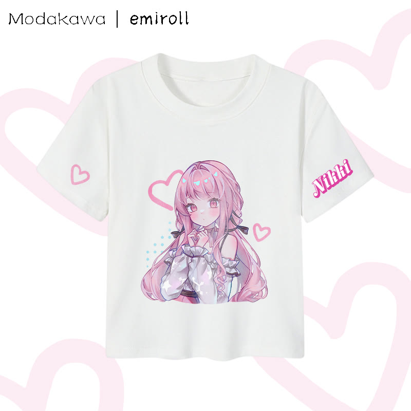 MODAKAWA X emiroll Nikki Heart Graphic Damen Cropped T-Shirt, 92 % gekämmte Baumwolle - White - XL - image 2