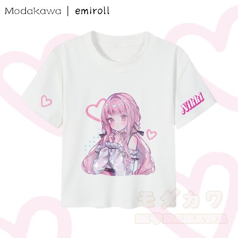 MODAKAWA X emiroll Nikki Heart Graphic Damen Cropped T-Shirt, 92 % gekämmte Baumwolle - Weiß - XL - image 2