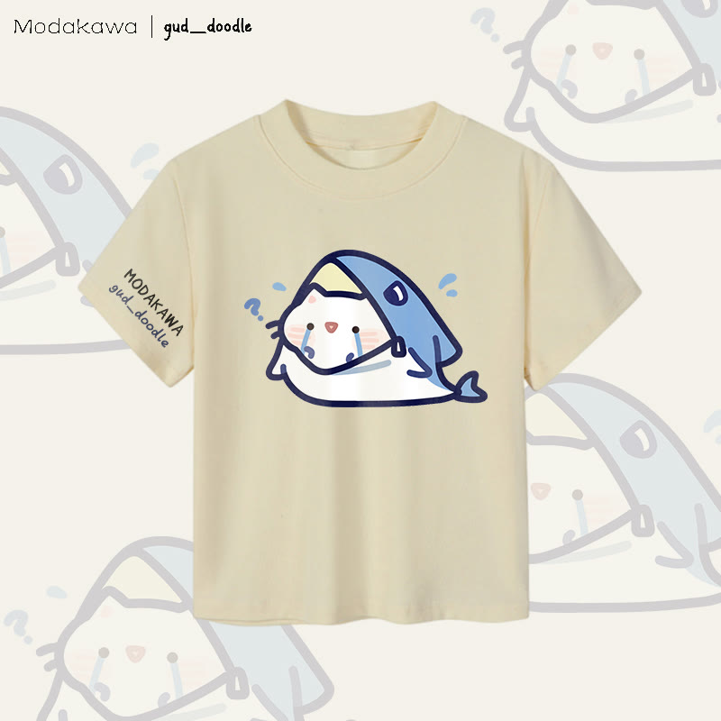 MODAKAWA X gud_doodle Hai-Katzen-Grafik Damen Cropped T-Shirt 92% gekämmte Baumwolle - Apricot - XL - image 1