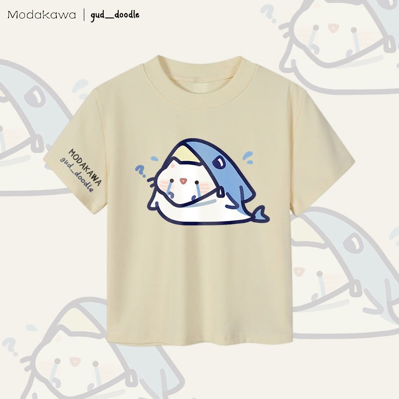 MODAKAWA X gud_doodle Hai-Katzen-Grafik Damen Cropped T-Shirt 92% gekämmte Baumwolle - Apricot - XL - image 1