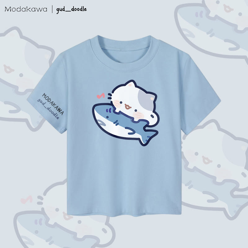 MODAKAWA X gud_doodle Damen-Crop-Top mit Katzen- und Hai-Motiv, 92 % gekämmte Baumwolle - Blue - XL - image 1