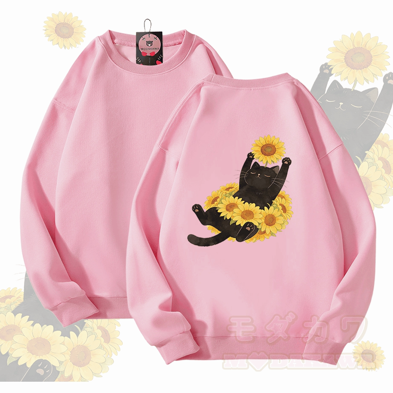Modakawa Unisex-Sweatshirt mit Sonnenblumen- und Katzenmotiv - Rosa - 5XL - image 3