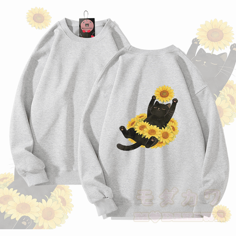 Modakawa Unisex-Sweatshirt mit Sonnenblumen- und Katzenmotiv - Grau - 5XL - image 1