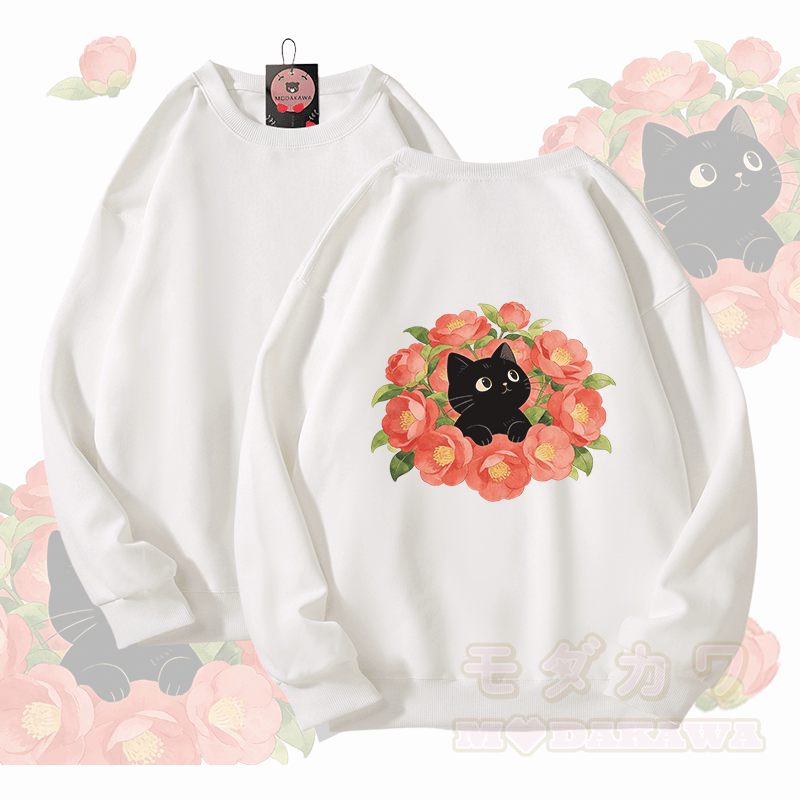 Modakawa Unisex-Sweatshirt mit Blumen- und Katzenmotiv - Weiß - 5XL - image 4