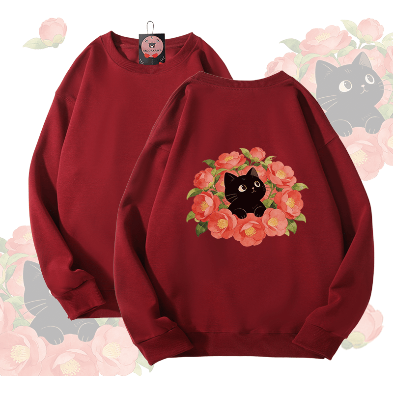 Modakawa Unisex-Sweatshirt mit Blumen- und Katzenmotiv - Wine Red - 5XL - image 1