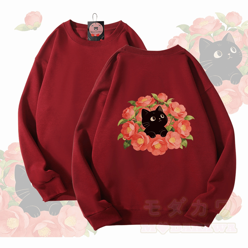 Modakawa Unisex-Sweatshirt mit Blumen- und Katzenmotiv - Weinrot - 5XL - image 1
