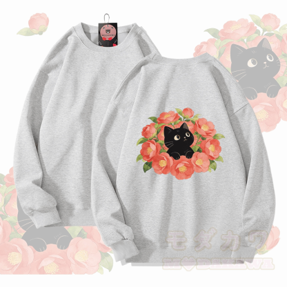 Modakawa Unisex-Sweatshirt mit Blumen- und Katzenmotiv - Grau - 5XL - image 3