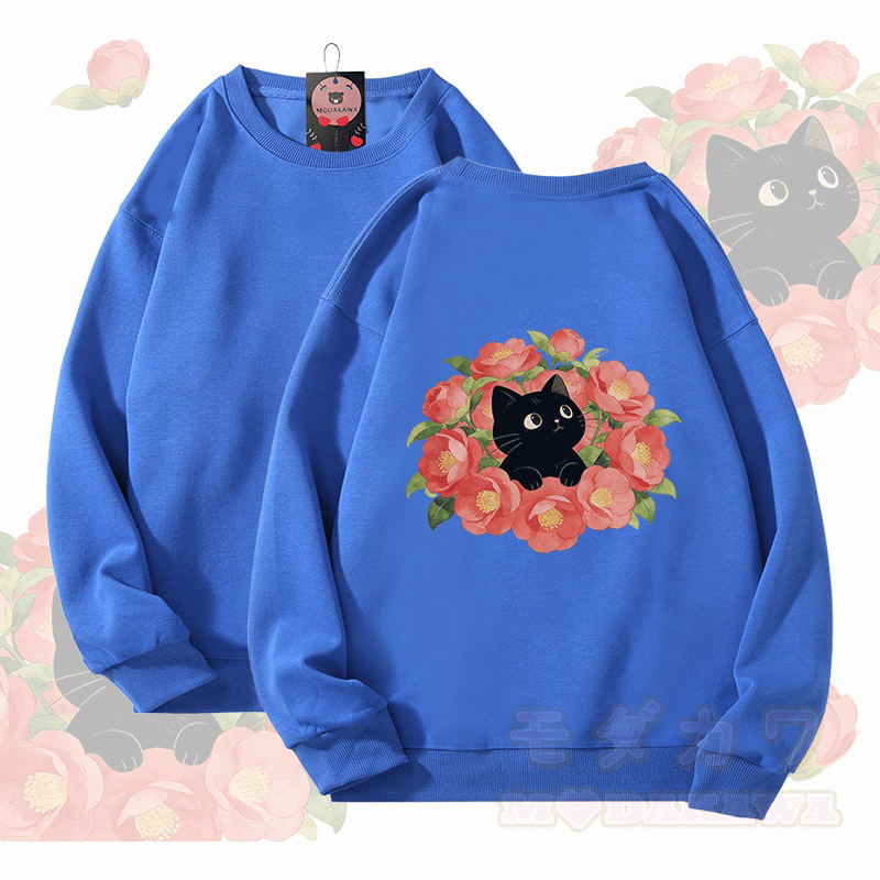 Modakawa Unisex-Sweatshirt mit Blumen- und Katzenmotiv - Königsblau - 5XL - image 2