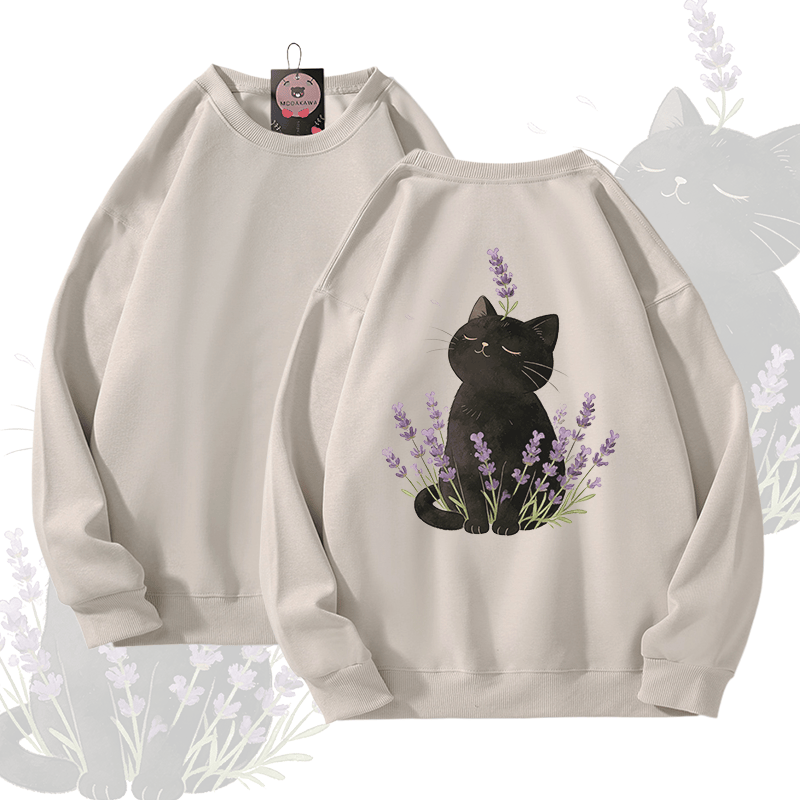 Modakawa Unisex-Sweatshirt mit Lavendel- und schwarzem Katzenmotiv - Light Beige - 5XL - image 1