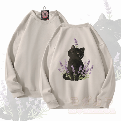 Modakawa Unisex-Sweatshirt mit Lavendel- und schwarzem Katzenmotiv - Hellbeige - 5XL - image 1
