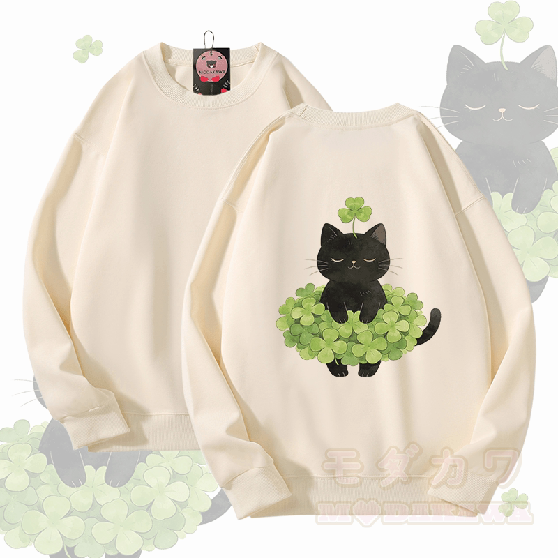 Modakawa Unisex-Sweatshirt mit vierblättrigem Kleeblatt und schwarzer Katze (Grafik) - Beige - 5XL - image 2