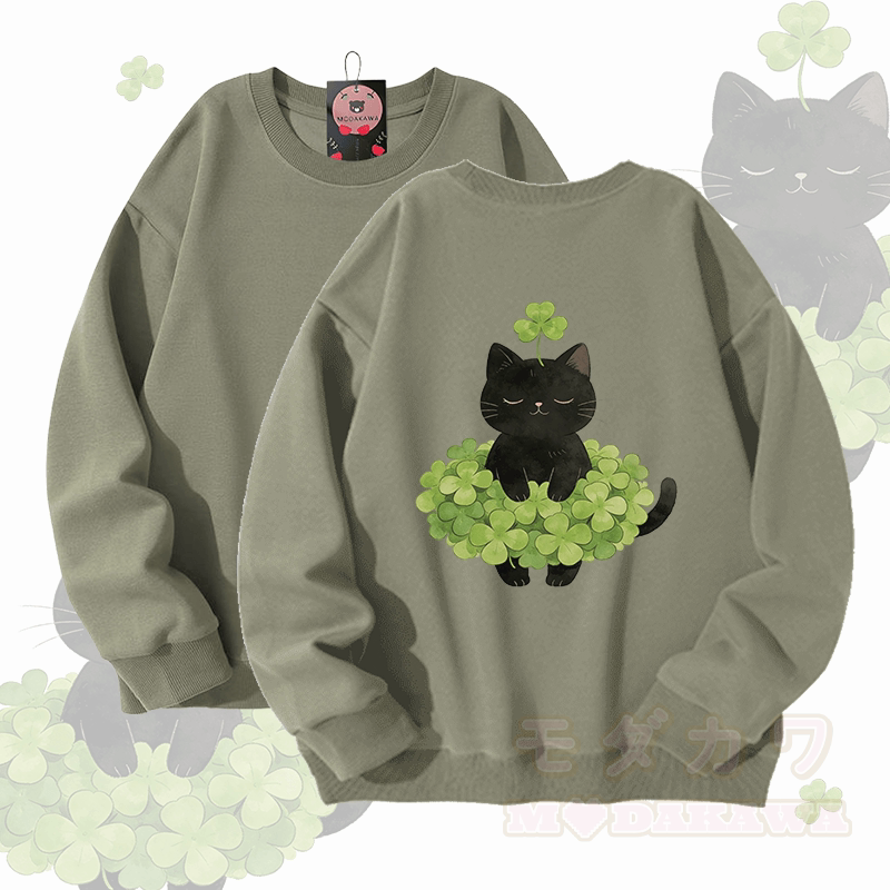 Modakawa Unisex-Sweatshirt mit vierblättrigem Kleeblatt und schwarzer Katze (Grafik) - Hellkhaki - 5XL - image 1