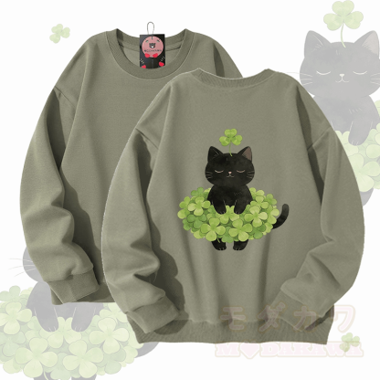 Modakawa Unisex-Sweatshirt mit vierblättrigem Kleeblatt und schwarzer Katze (Grafik) - Hellkhaki - 5XL - image 1