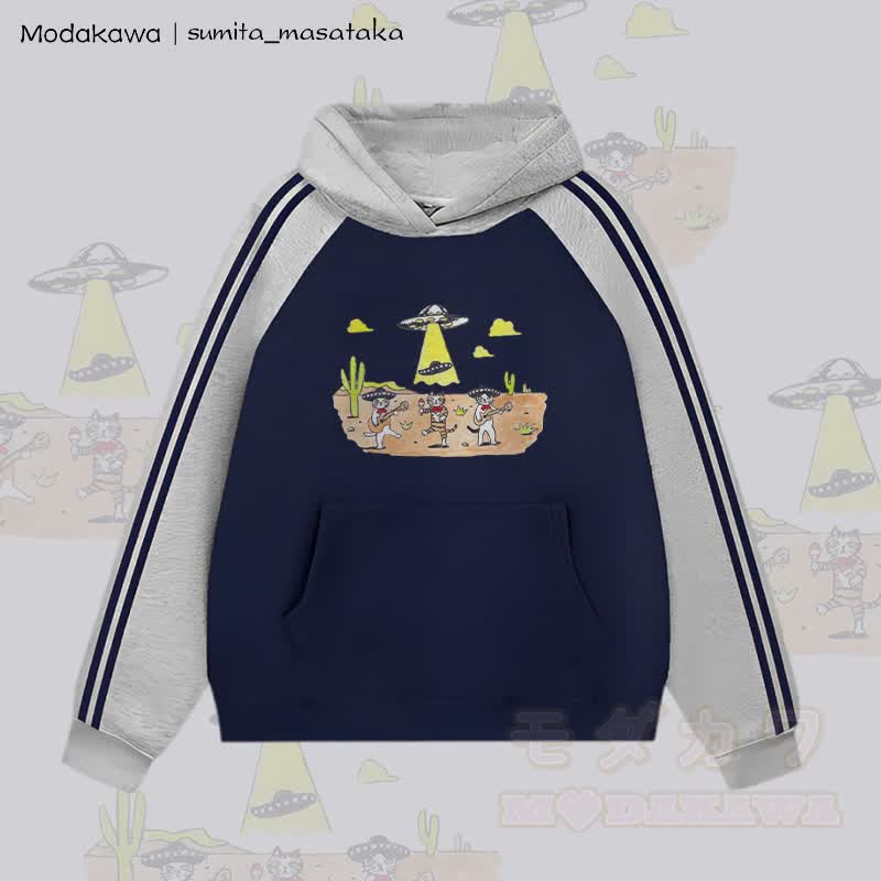 MODAKAWA X sumita_masataka Cat Band And The UFO Graphic Farben Block Fleece Lined Hoodie - Grau & Lila Blau - 2XL - image 2