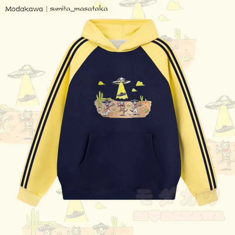 MODAKAWA X sumita_masataka Cat Band And The UFO Graphic Farben Block Fleece Lined Hoodie - Gelb & Lila Blau - 2XL - image 1