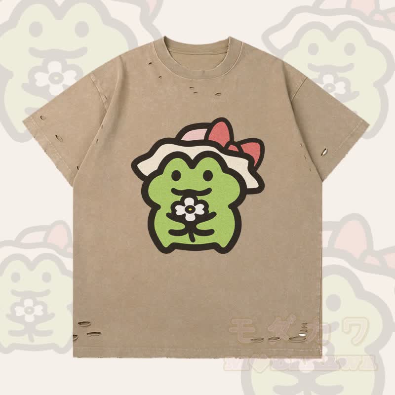 Flower Frog Graphic Modakawa Ripped T-Shirt - Braun - 2XL - image 4