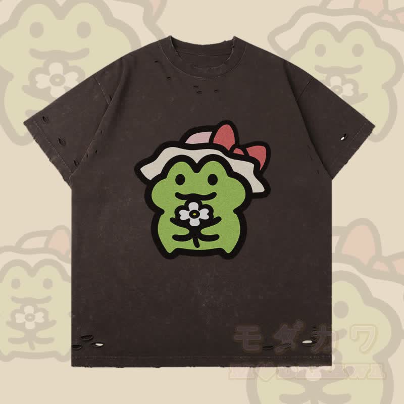Flower Frog Graphic Modakawa Ripped T-Shirt - Dunkelbraun - 2XL - image 3