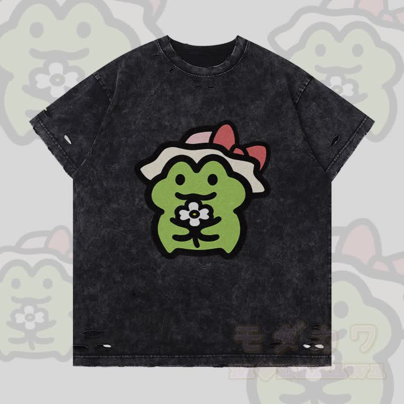 Flower Frog Graphic Modakawa Ripped T-Shirt - Schwarz - 2XL - image 2