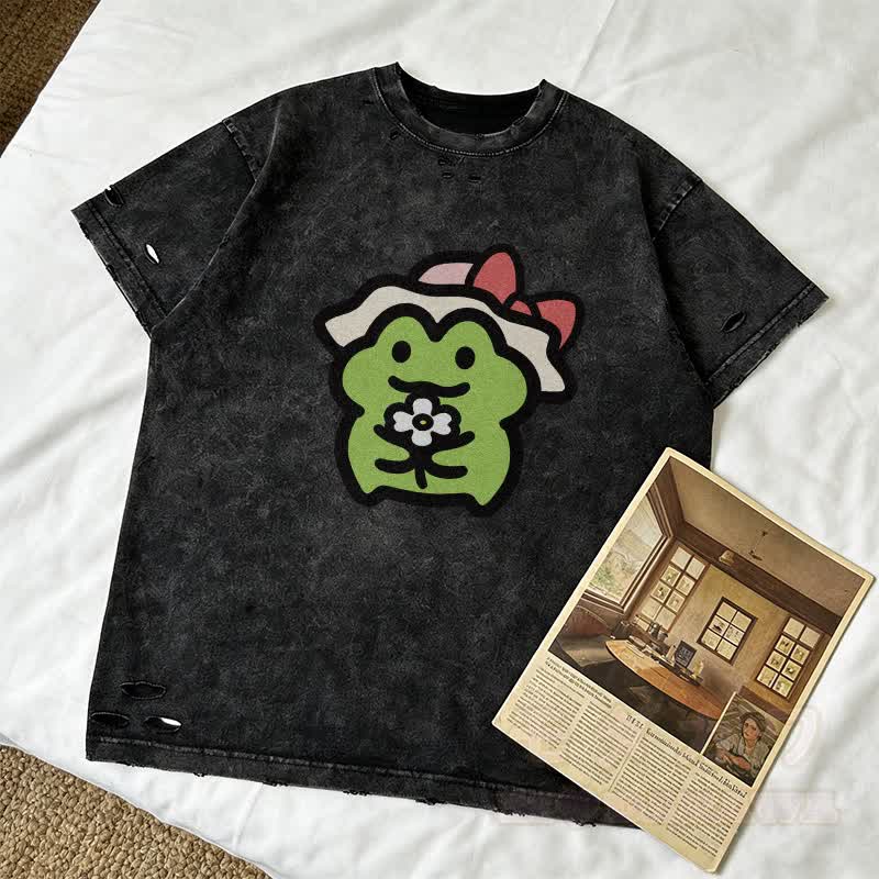 Flower Frog Graphic Modakawa Ripped T-Shirt - image 1