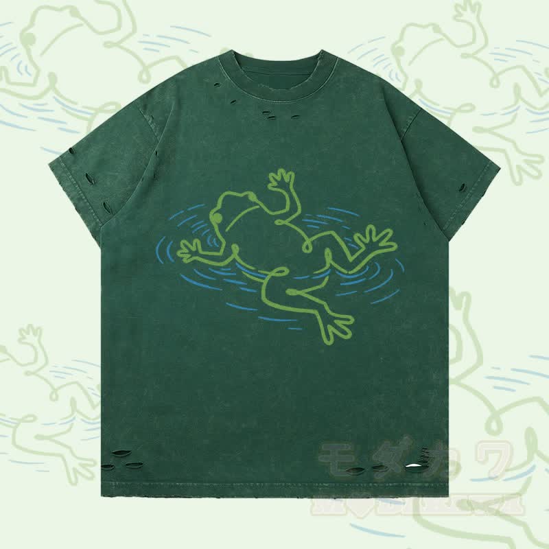 Modakawa T-Shirt mit Flossenmotiv und Froschmotiv - Dunkelgrün - 2XL - image 1