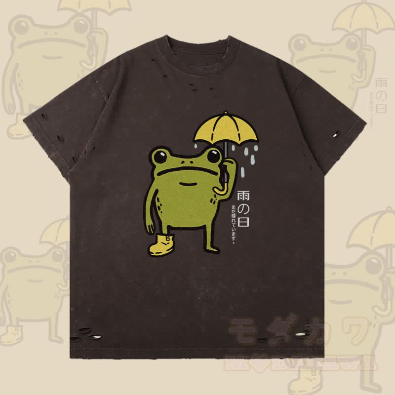 Rainy Frog Graphic Modakawa Ripped T-Shirt - Dunkelbraun - 2XL - image 2