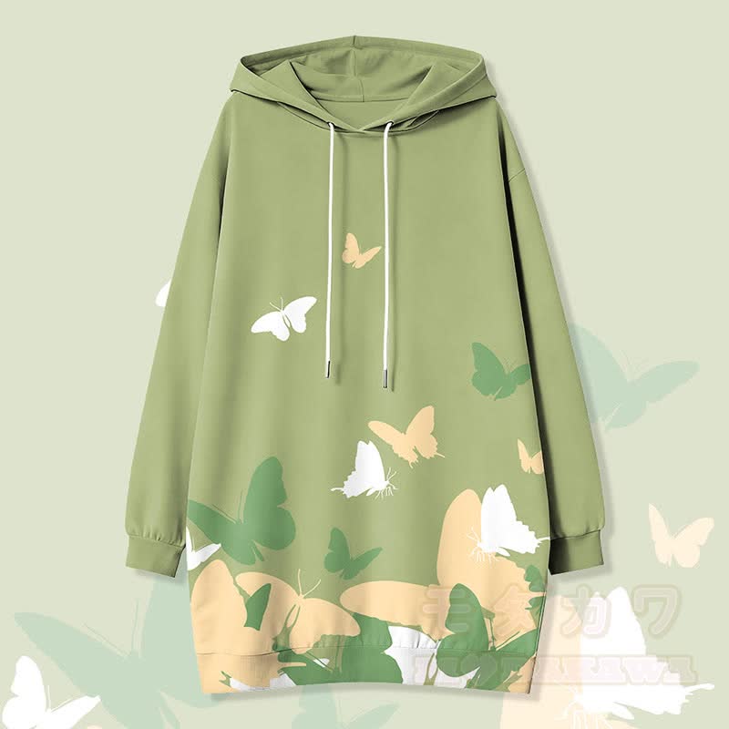 Modakawa Kapuzenpulloverkleid mit Schmetterlingsmotiv und Seitentaschen - Grün - 4XL - image 1
