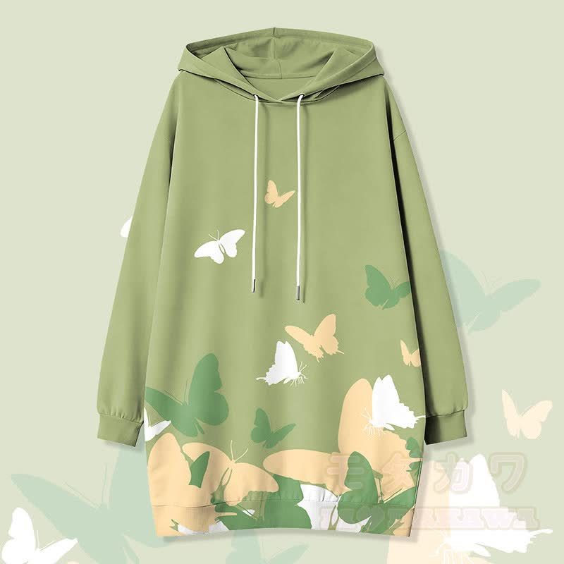 Modakawa Kapuzenpulloverkleid mit Schmetterlingsmotiv und Seitentaschen - Grün - 4XL - image 1