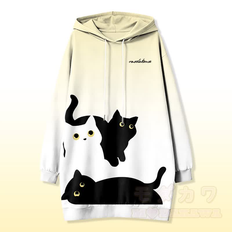 Modakawa Kapuzenpulloverkleid mit Seitentaschen und Katzenmotiv - Gelb - 4XL - image 2