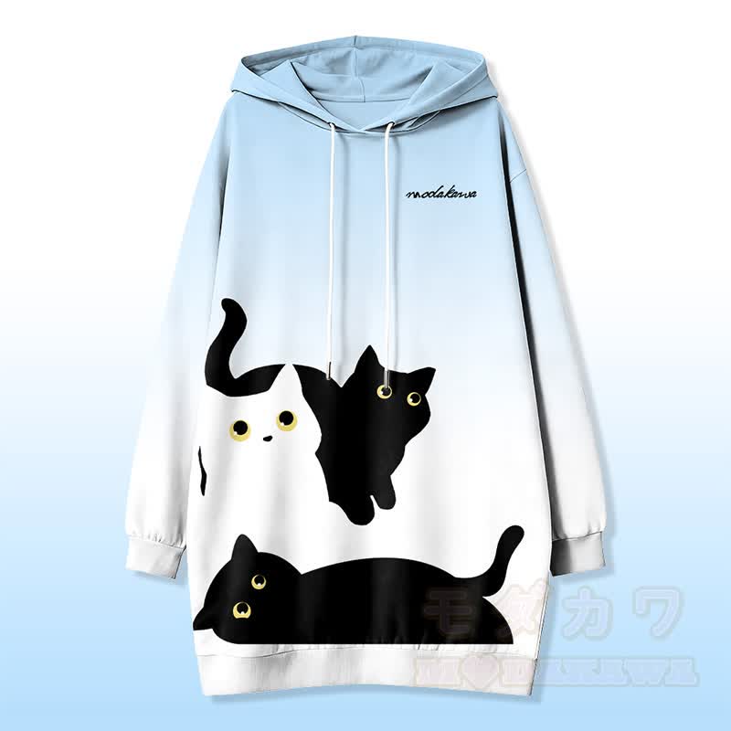 Modakawa Kapuzenpulloverkleid mit Seitentaschen und Katzenmotiv - Blau - 4XL - image 1